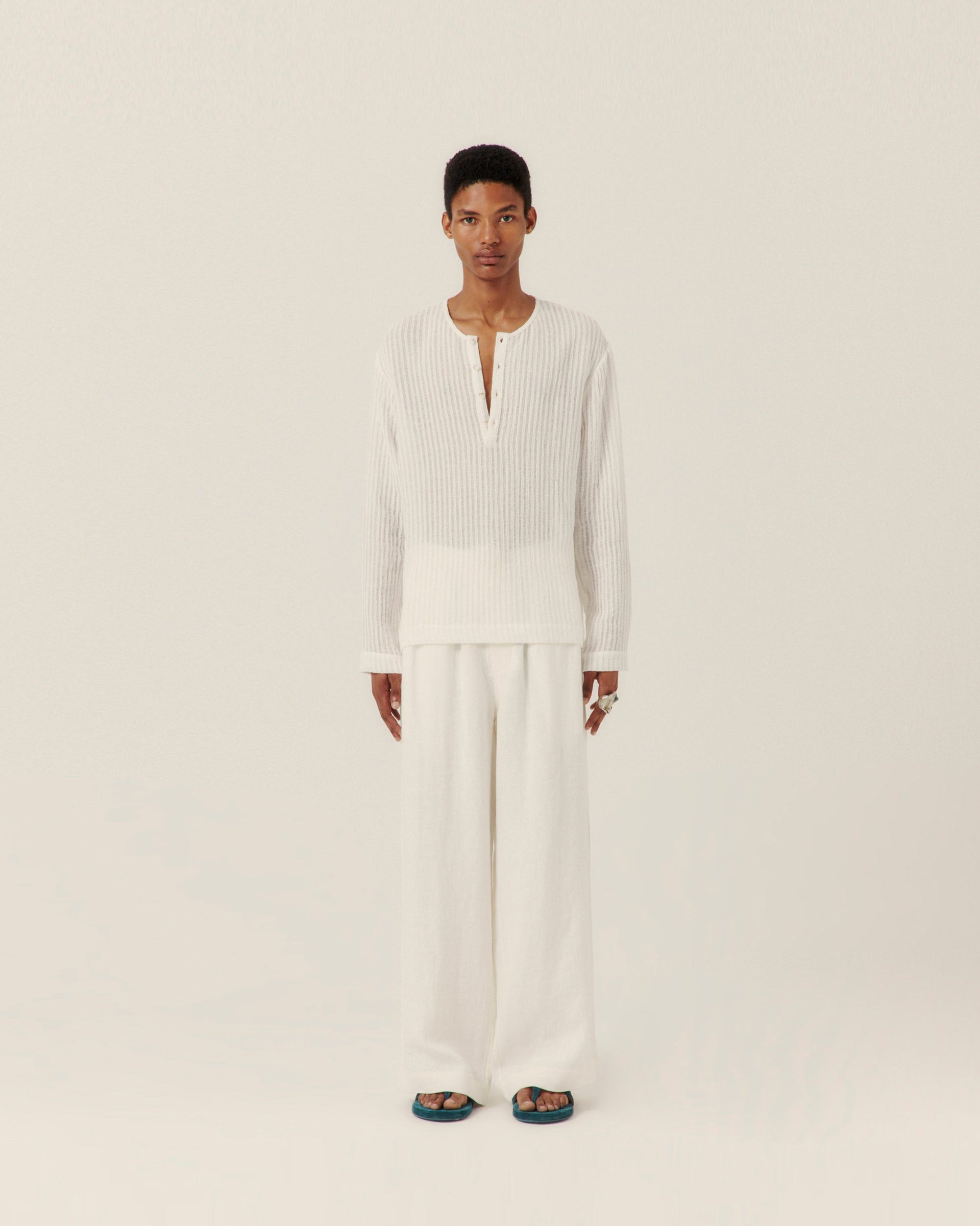 Sheer Stripe Linen Woven Henley