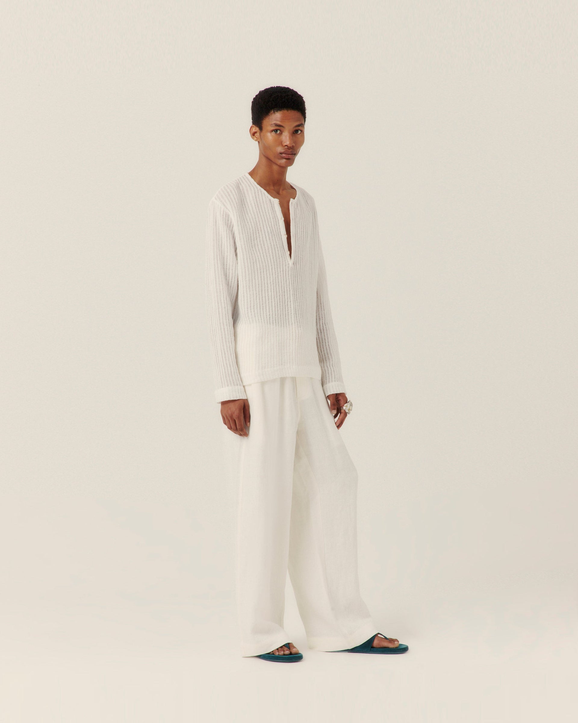 Sheer Stripe Linen Woven Henley